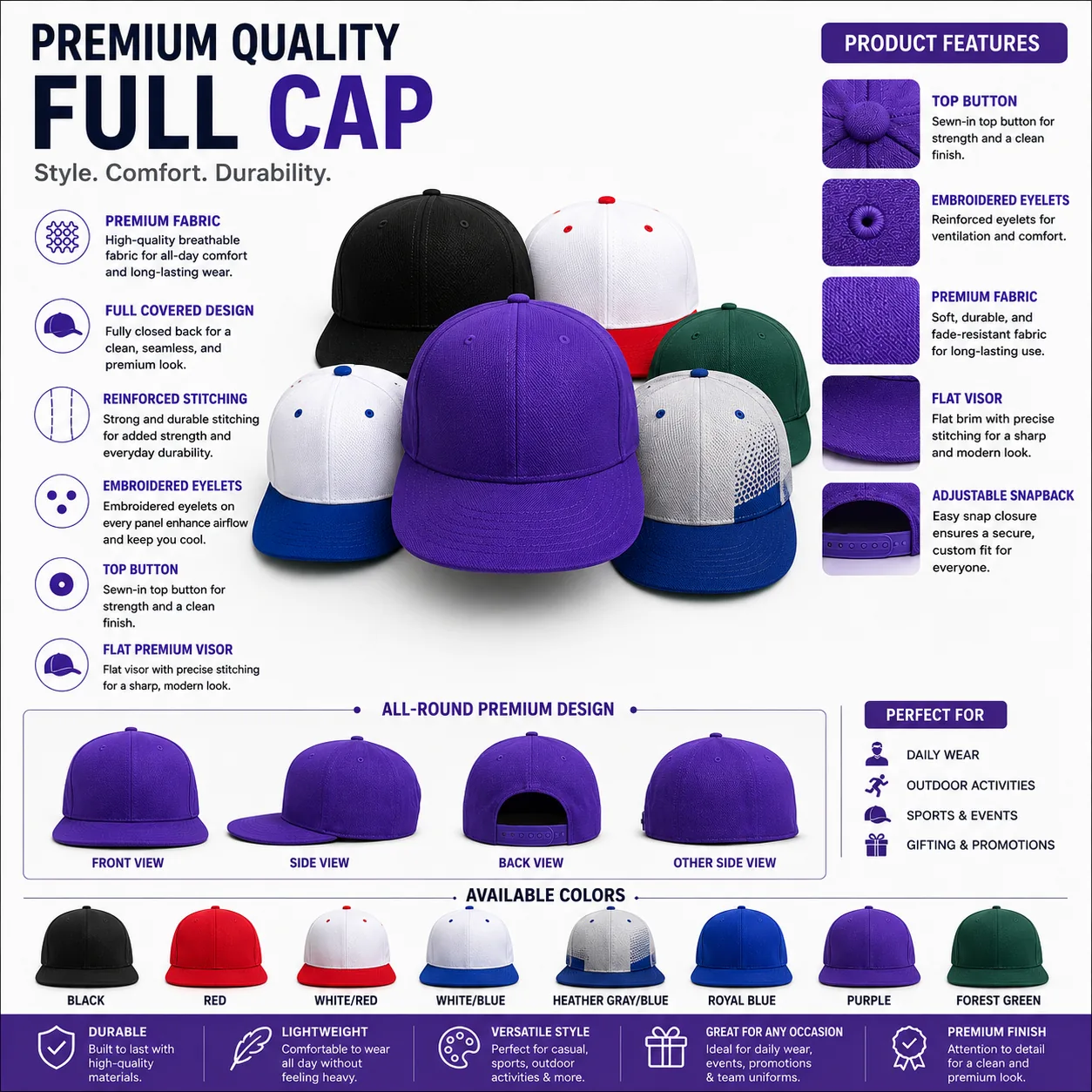 Premium 6-Panel Flat Brim Cap