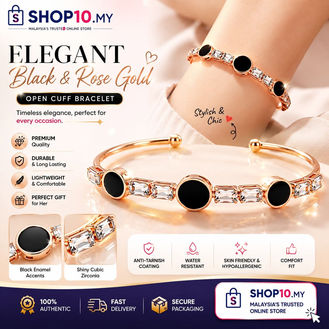 Elegant Black & Rose Gold Bracelet