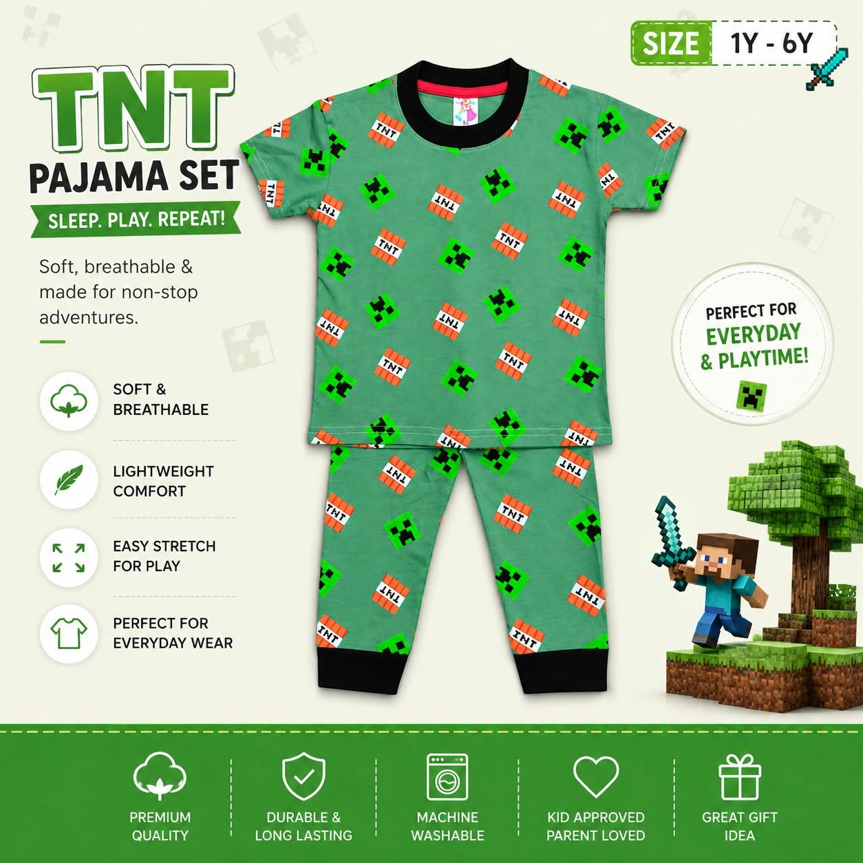 Kids Cartoon Pajama Set – Green Edition